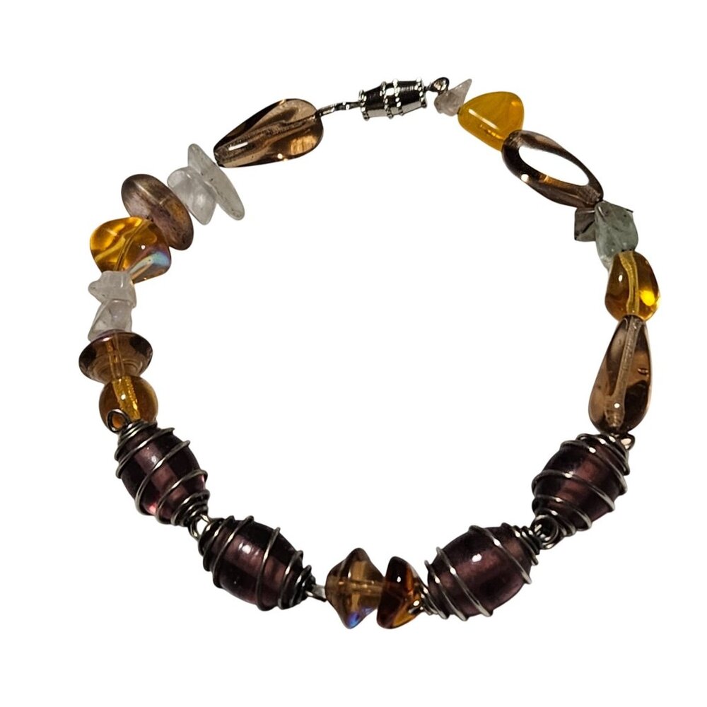 Boho Chic Purple Brown Gemstone Wire Wrapped Bracelet Fashion Jewelry Women